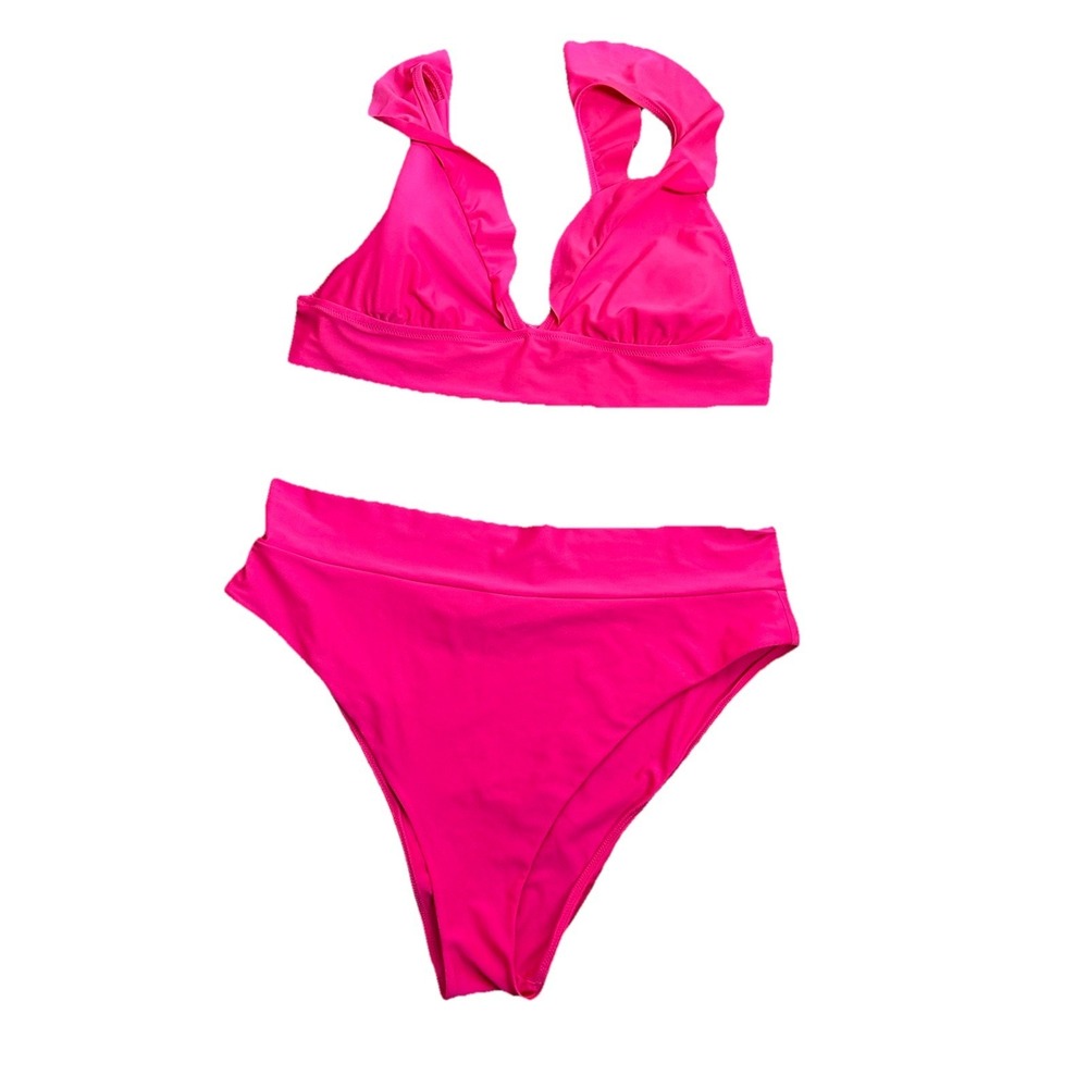 Aerie Hot Pink SwimSuit Set Womens Size XXL vacation Ruffle High Waist